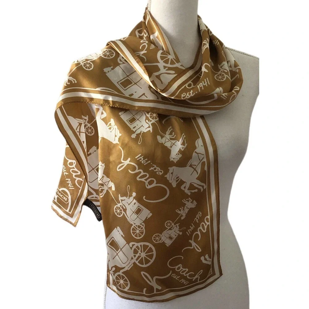 Coach scarf gold carriage pattern 100% silk 27×150 cm Used Japan